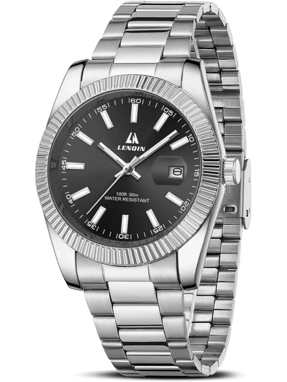 Men's Silver And Black Face Waterproof Stainless Steel Analog Quartz Round Watch